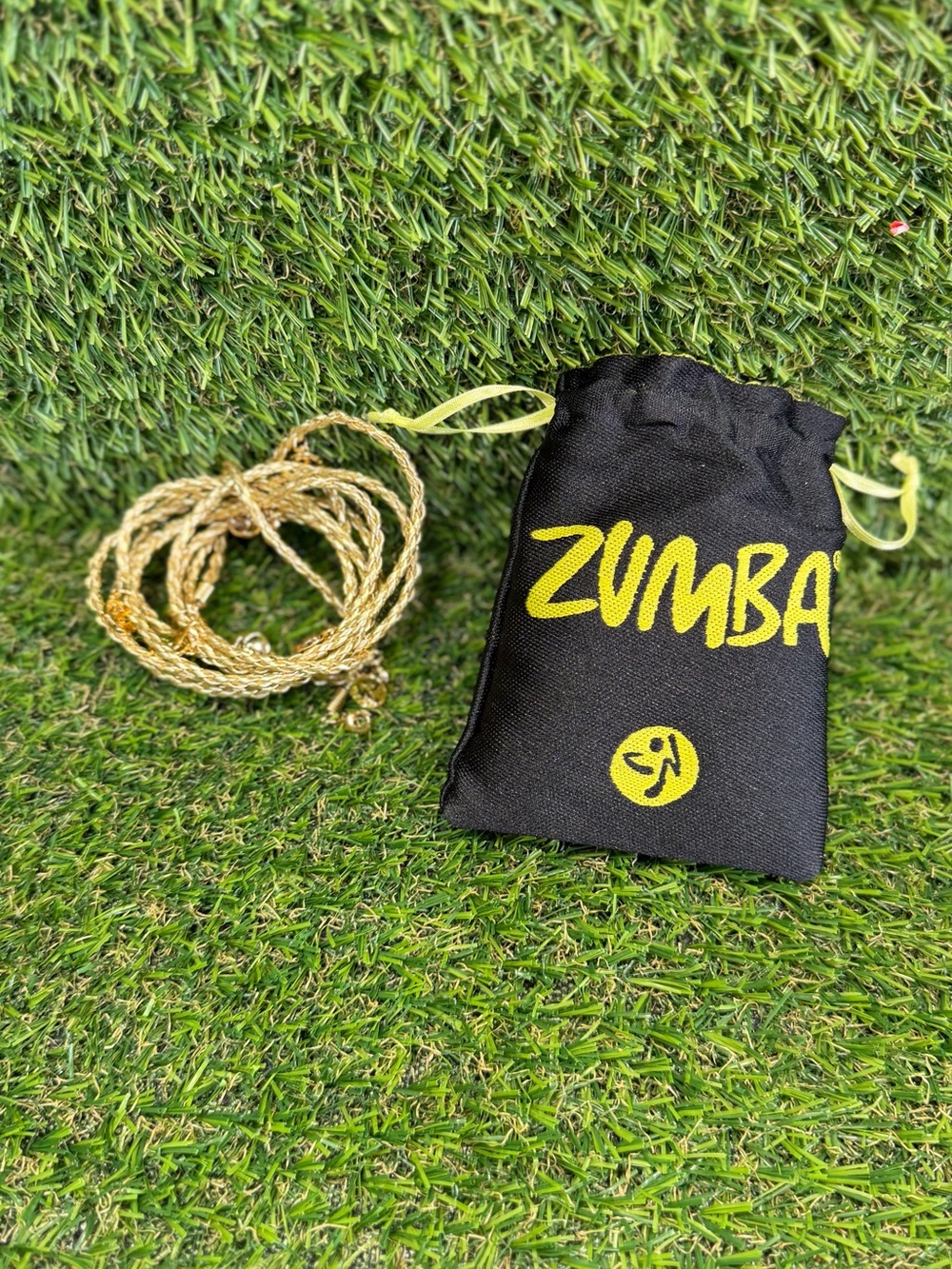 Zumba Fitness Black and Yellow Drawstring Pouch with Gold Braided Necklace